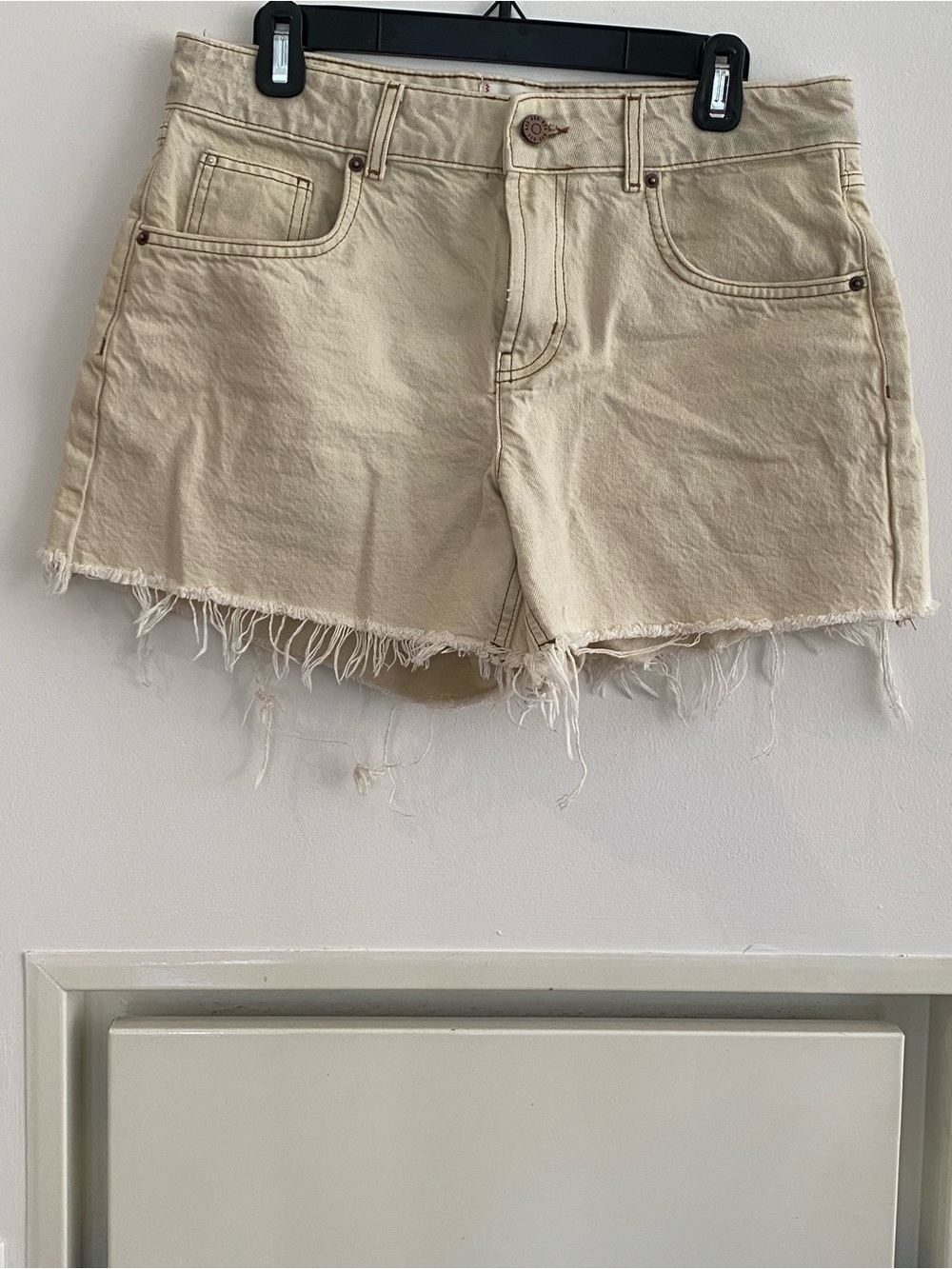 BDG Cream Frayed Hem High-Rise A-Line Jean Shorts
